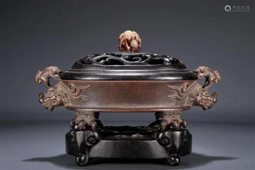 A Fabulous Bronze Beast-Handled Censer And A Zitanwood White...