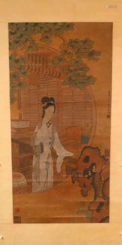 A Fine Character Silk Scroll Painting By WenZhengMing Made