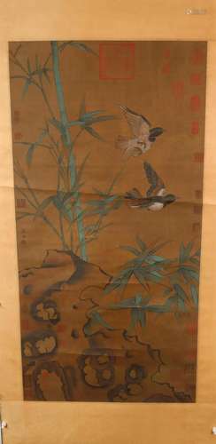 A Fine Double-Magpie Silk Scroll Painting By CuiBai Made