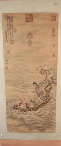 A Lovely Two-Immortal Silk Scroll Painting By TangYin Made