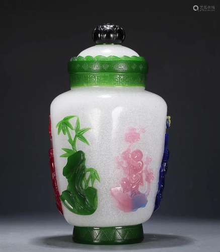 A Multi-Color Overlay White Glass 'Figure' Jar And C...