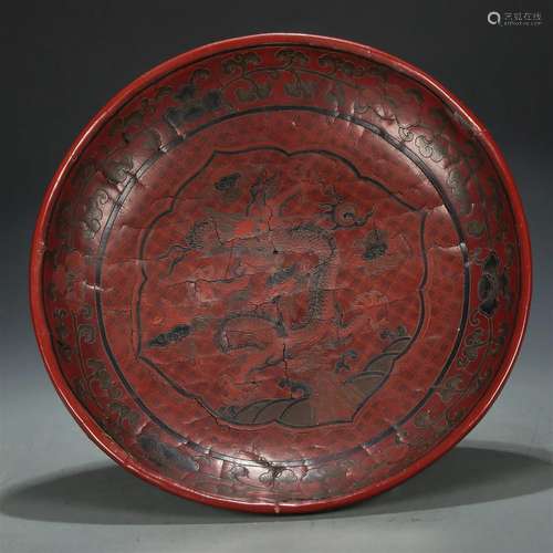 A Fine Red-Lacquered 'Dragon' Dish With Imperial Poe...