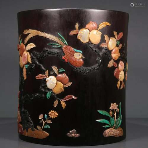 A Fabulous Zitanwood Gem-Inlaid 'Bird& Flower' B...