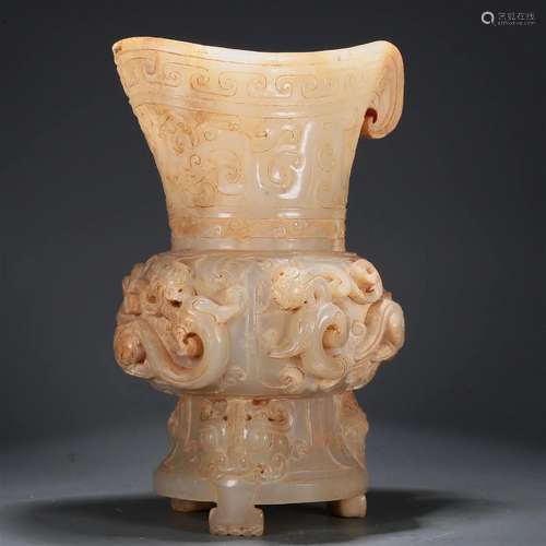 An Archaic White Jade 'Dragon' Pot