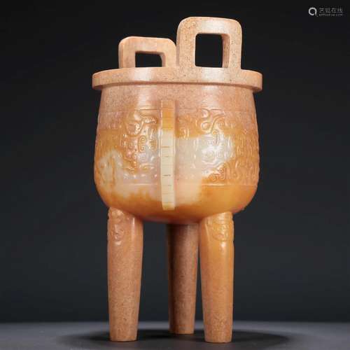 A Superb White Jade 'Animal Mask' Tripod Censer