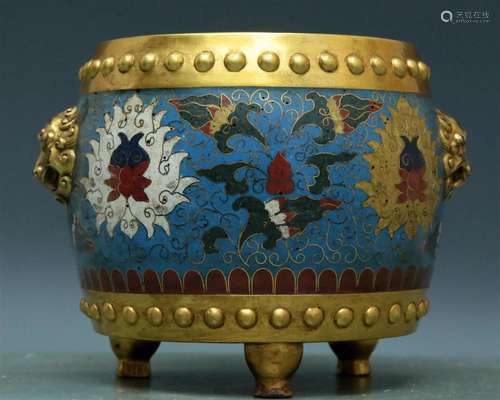 A Brilliant Cloisonne 'Scrolling Lotus' Lion-Handled...