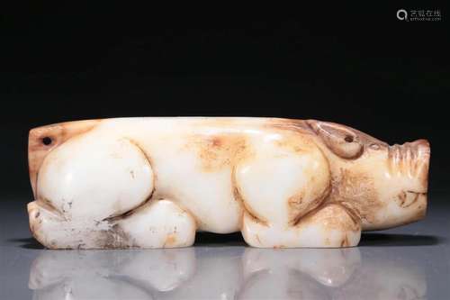 An Excellent White Jade Auspicious Beast With Inscriptions