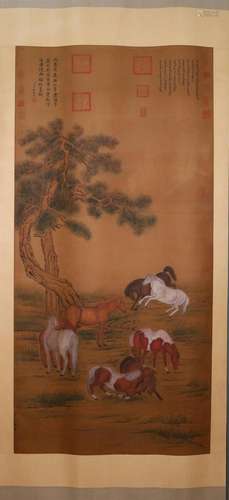 A Gorgeous Eight Horses Silk Scroll Painting By Lang Shining