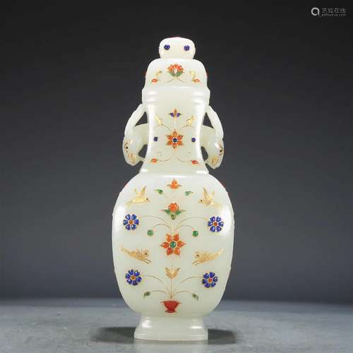 A Superb White Jade Gem-Inlaid 'Bird& Flower' Va...