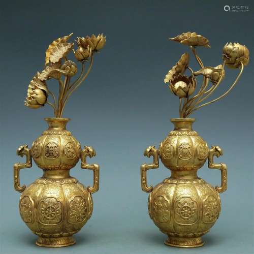 A Brilliant Gilt-Bronze Pair Of 'Weapons Of The Eight Im...