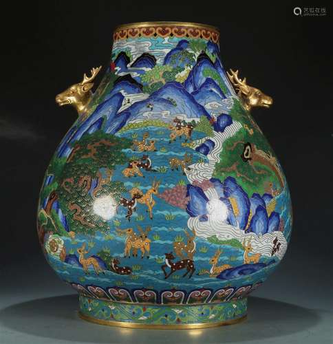 A Magnificent Cloisonne 'Landscape' Deer-Handled Jar