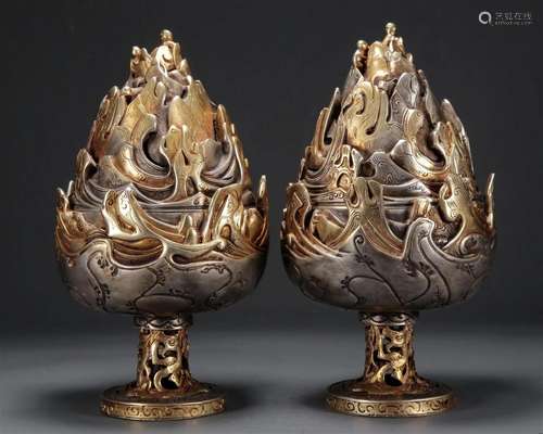 A Pair Of Gilt-Bronze Silver 'Mountain& Ocean' C...