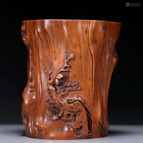 An Excellent Boxwood 'Flower' Brush Pot With Poem In...