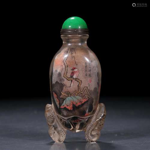 A Glass Inside Painted 'Flower And Brid' Sunff Bottl...