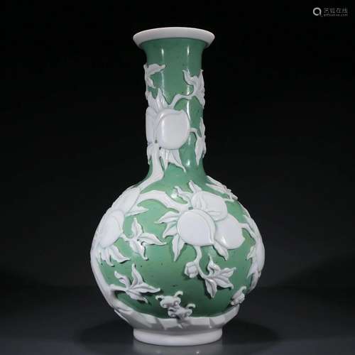 A Precious White Overlay Green Glass 'Peach' Vase