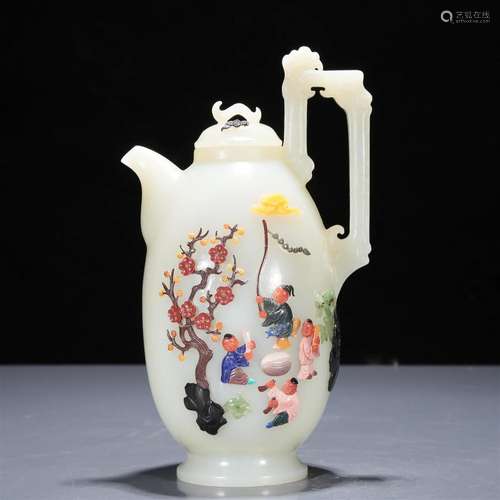 A Precious White Jade Gem-Inlaid 'Figure' Ewer