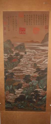 A Fine Verdant Mountains& Clear Water Silk Scroll Painti...