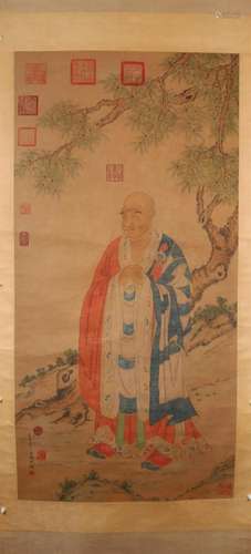 A Gorgeous Character& Luohan Silk Scroll Painting By Din...