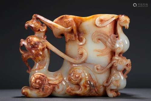 A Magnificent White Jade 'Dragon& Phoenix' Cup