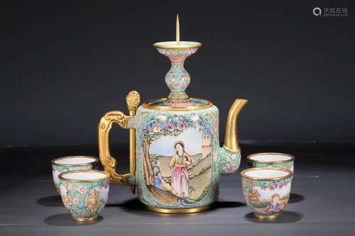 A Superb Bronze Enameled 'Flower& Figure' Teapot...