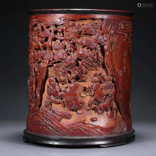 A Precious Bamboo 'Landscape& Figure' Brush Pot