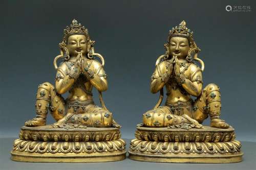 A Brilliant Pair Of Gilt-Bronze Gem-Inlaid Figures Of Bodhis...