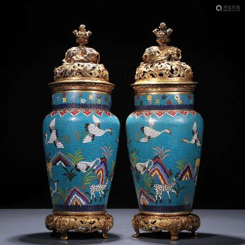 An Excellent Pair Of Cloisonne 'Crane& Deer' Vas...