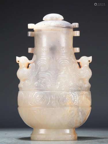 A Wonderful White Jade 'Taotie' Vase