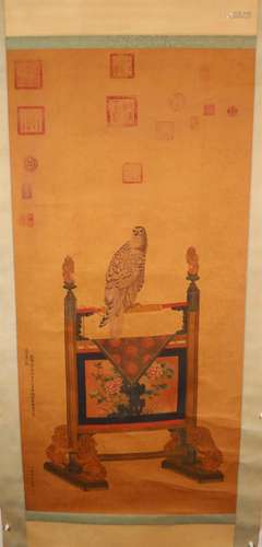 A Delicate White-Eagle Silk Scroll Painting By LangShiNing M...