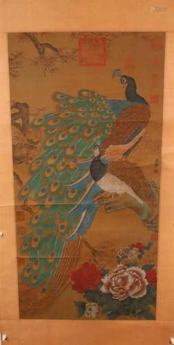 A Fine Phoenix Silk Scroll Painting By LinChun Made