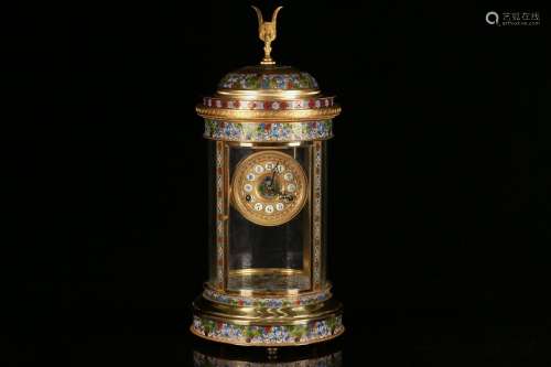 , old cloisonne mechanical clock, wire inlay enamel craft, w...