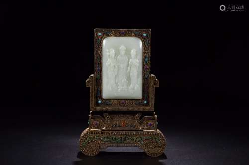 : silver and gold wire embedded in hotan white jade three ho...