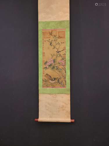 , YuBi vertical silk scroll painting of flowers and birds pa...