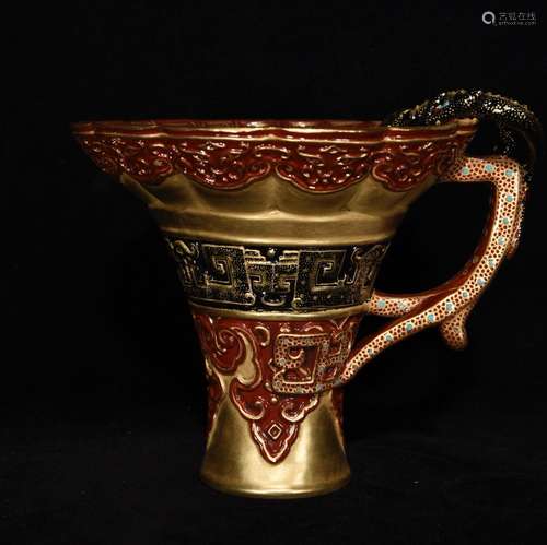 Embossed gold panlong cup, 11 x 11.5,