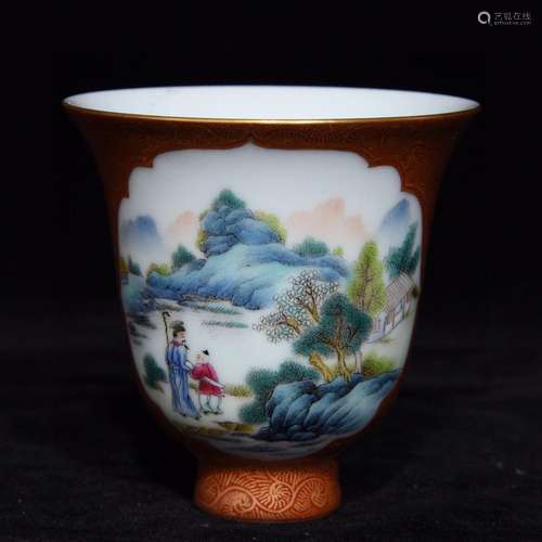 Alum red paint medallion pastel landscape pattern cup 7.5 x7...