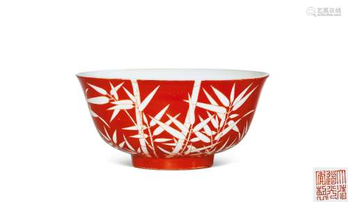 清道光丨珊瑚红留白竹纹碗