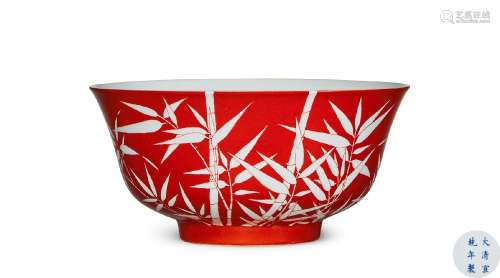 清丨矾红留白竹纹碗