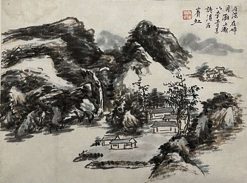 黄宾虹 山水 设色纸本小品（镜框）