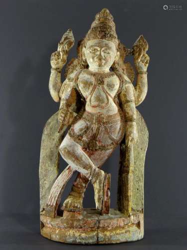 Inde, XIXème Siècle, Grande Statue De Vishnou En Bois Polych...