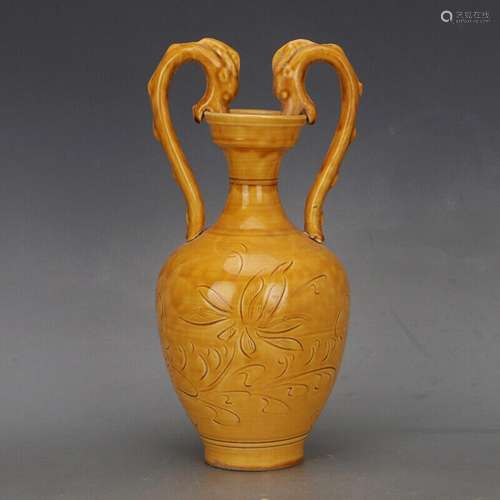 Old Chinese porcelain Song Ding kiln yellow glaze handcarved...