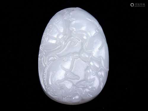 White Jade Hand Carved Pendant *Carp Fishe Koi & Lotus T...