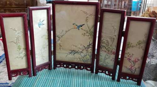 ANTIQUE CHINESE 5 PANEL STEP UP TABLE SCREEN HAND PAINTED ON...