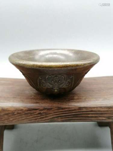 Exquisite Old Chinese brass copper handcarved bat bowl statu...