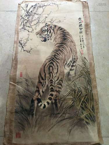 Chinese Old calligraphy Painting scroll "Uphill Tiger&q...