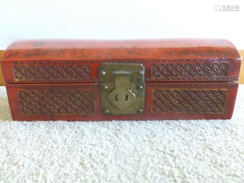 Antique Chinese red lacquer leather wood brass box long carv...