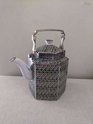 Vintage Japan Hexagon Porcelain Teapot Green Lilac Yellow Pr...