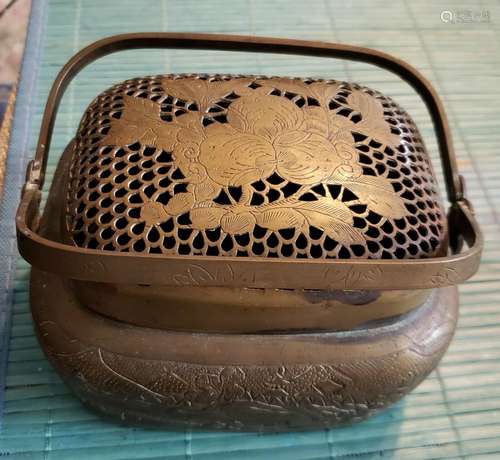 ANTIQUE 19TH CENTURY CHINESE HAND ETCHED BRASS HAND WARMER D...