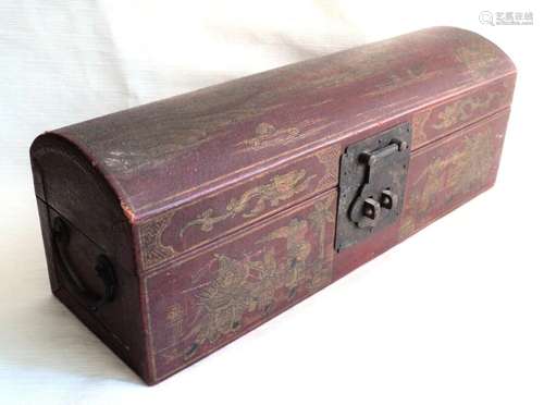 Antique CHINESE Leather & Wood SCROLL BOX Gold + Red Lac...