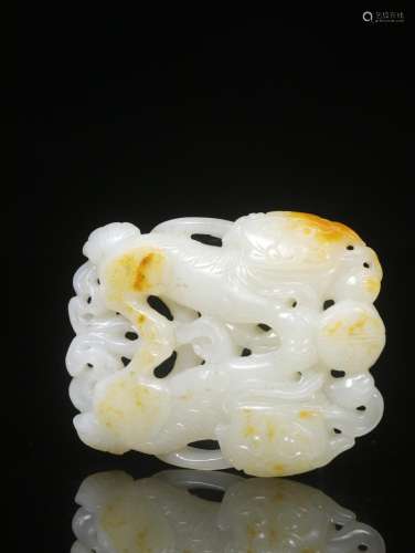 . Hotan white jade belt ooze hand-carved double lion play th...