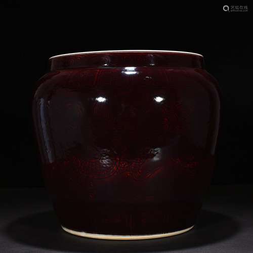 Ruby red glaze carving dragon cylinder 35 * 34 cm